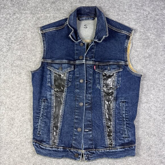 Levis Vest Mens Small Blue Denim Black Cutoff Jean Punk Biker Goth Trucker - Picture 1 of 16
